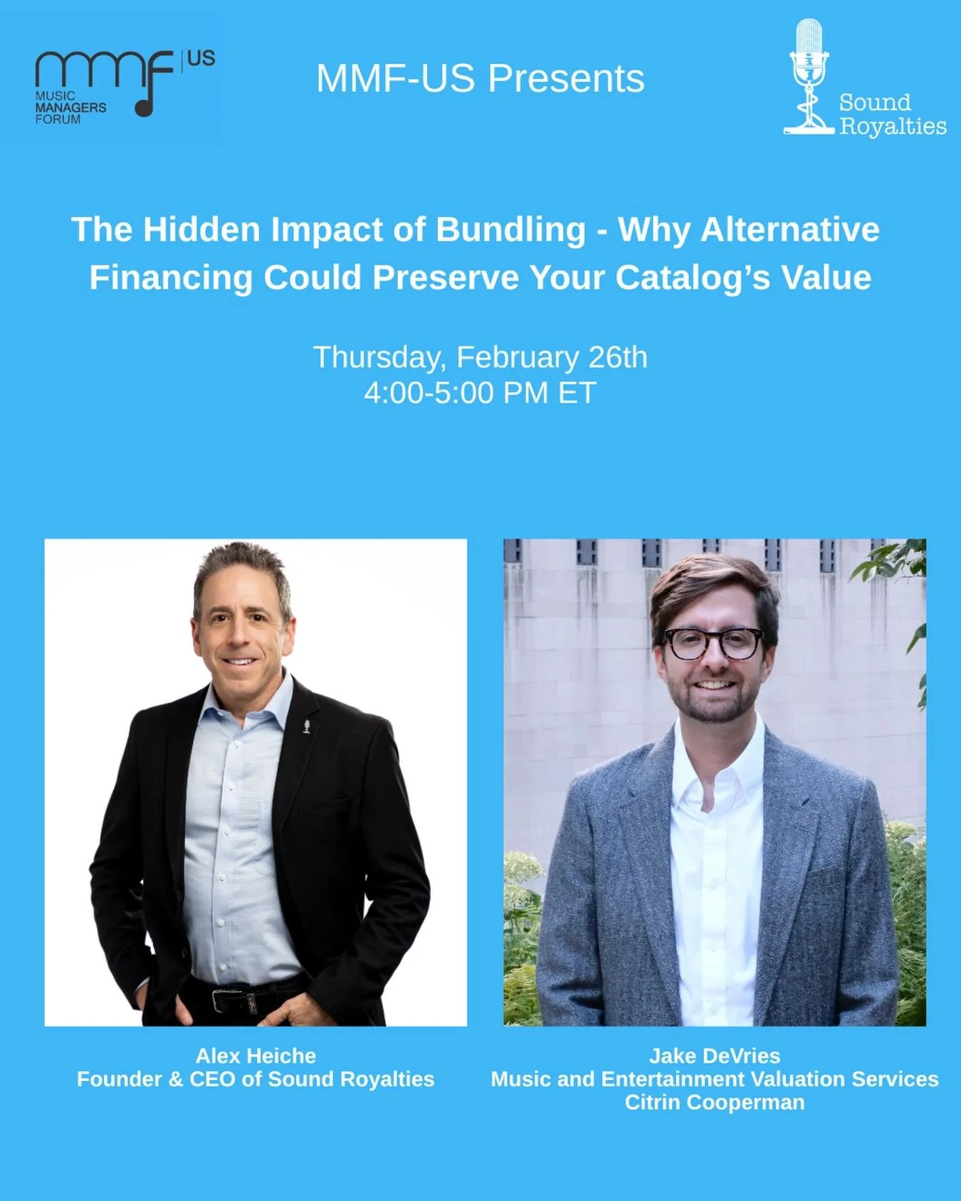 UPDATE!! We are delighted to add Jake Devries with Citrin Cooperman to the Webinar 

@mmf_us Presents a Webinar: The Hidden Impact of Bundling - Why Alternative Financing Could Preserve Your Catalog&rsquo;s Value 

Join Alex Heiche, Founder &amp; CEO