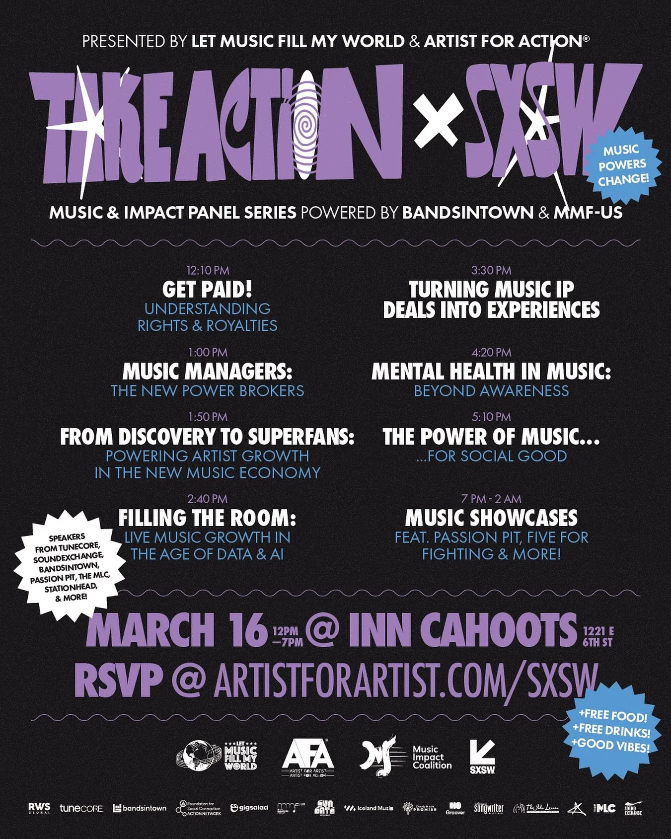 Join us on Monday, March 16 at @InnCahoots (1221 E 6th St, Austin, TX) for the Take Action x @SXSW: Music &amp; Social Impact Summit, a free interactive daytime gathering focused on the intersection of music, community, and change! 🎟️

Music Manager