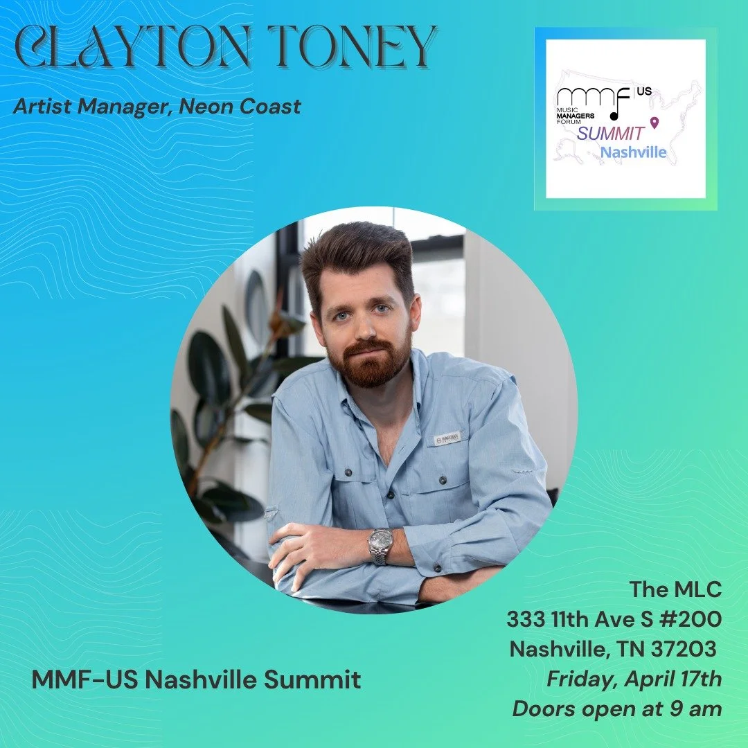 🎤 Speaker Announcement!
We&rsquo;re excited to welcome Clayton Toney @clayton.toney , Artist Manager @neoncoast , as part of the first round of confirmed speakers for the MMF-US Nashville Summit!

Join us Friday, April 17 at The MLC offices in Nashv