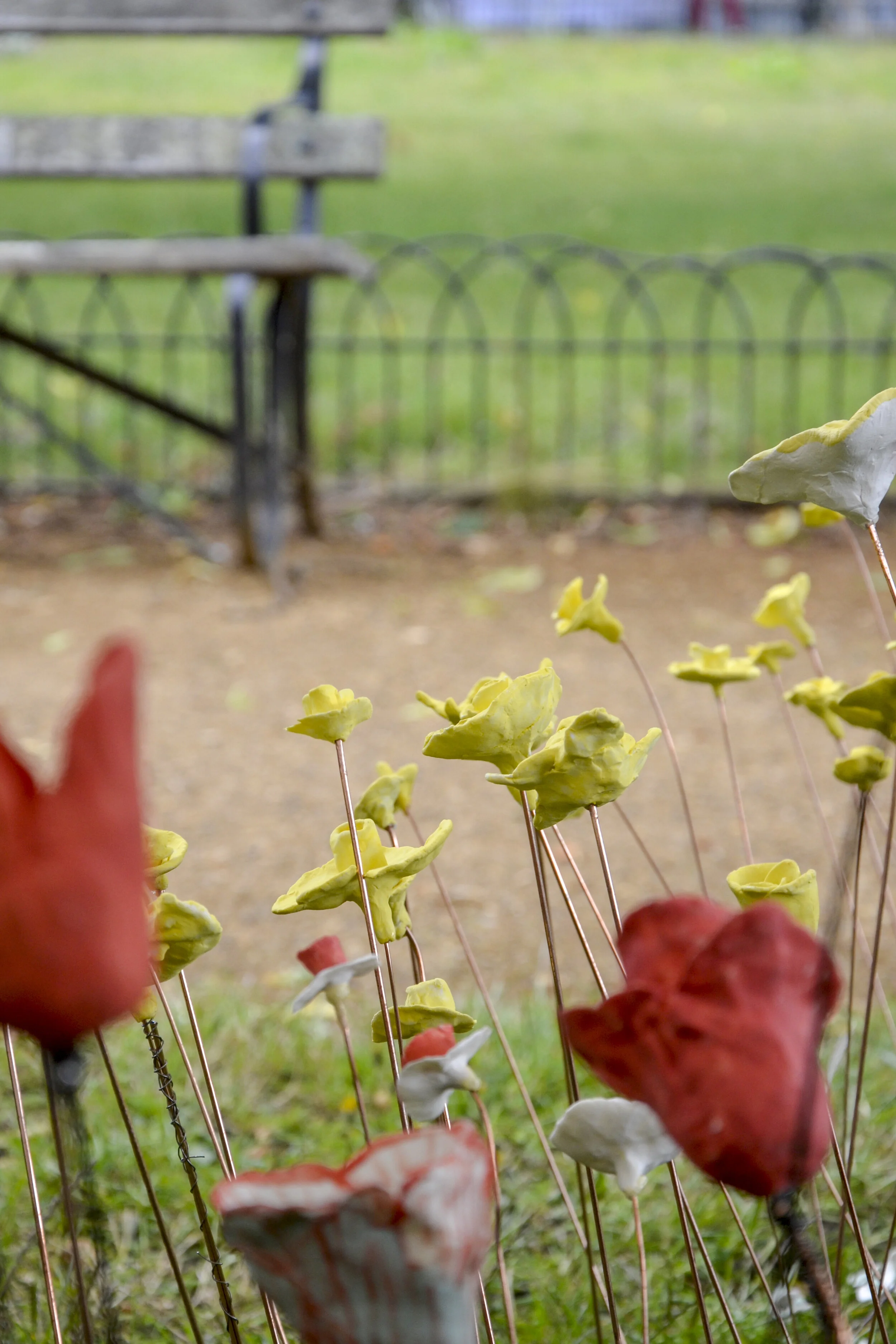 Red colour flowers were made by Members of Crisis Charity in Croydon and yellow daffodils by school children at Ridgeway