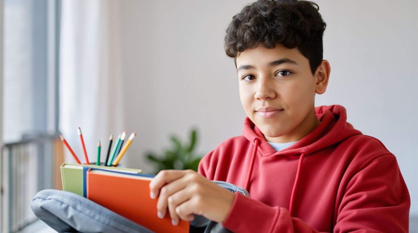 A full of energy teenage boy packing his school books before leaving for school