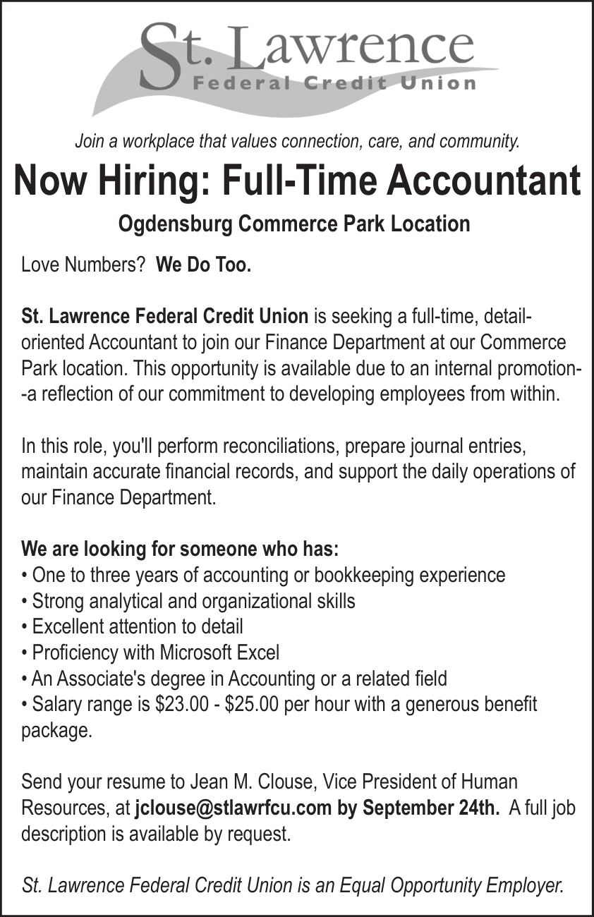 SLFCU advertisement for a new accountant position that is open at the credit union. This position is full-time.