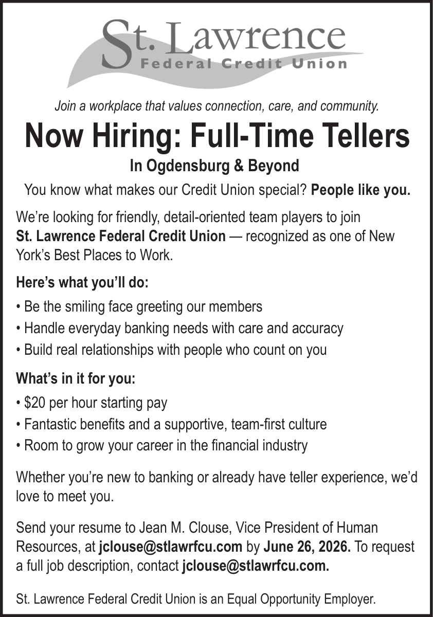 A job posting for Full-Time Tellers at St. Lawrence Federal Credit Union located in Ogdensburg, NY and beyond.