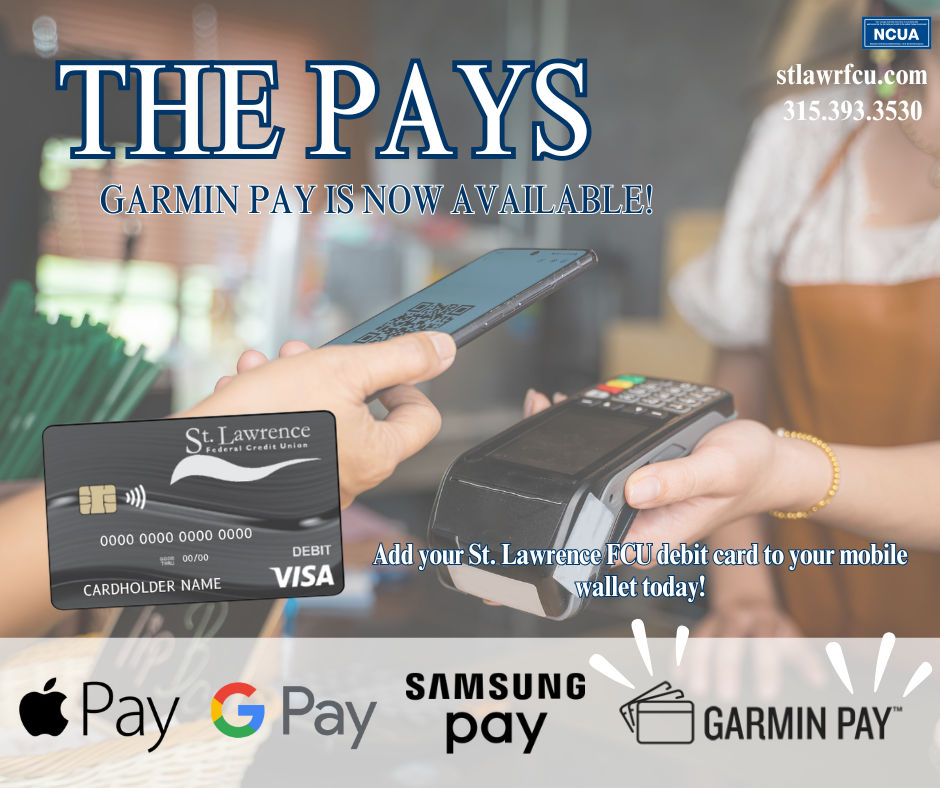 image capptures a stock photo of someone using tap to pay for our debit cards. The image also is showing and relaying the message that we now have garmin pay.