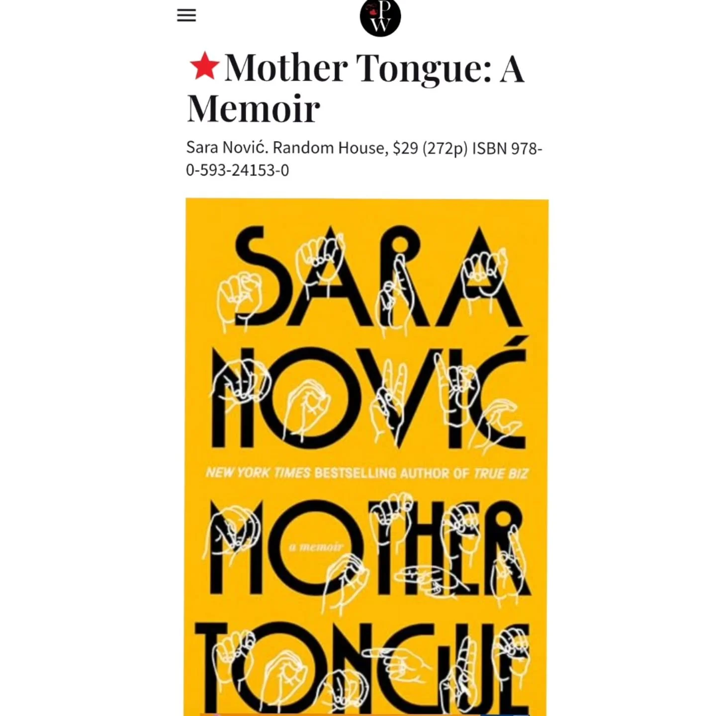 Baby's first star. ⭐ Thank you, @publisherswkly. 🥲

ID: 1: screenshot of Publisher's Weekly website with a starred review star next to the title Mother Tongue, a memoir and the yellow book cover with black text beneath.

Review text screenshot in su