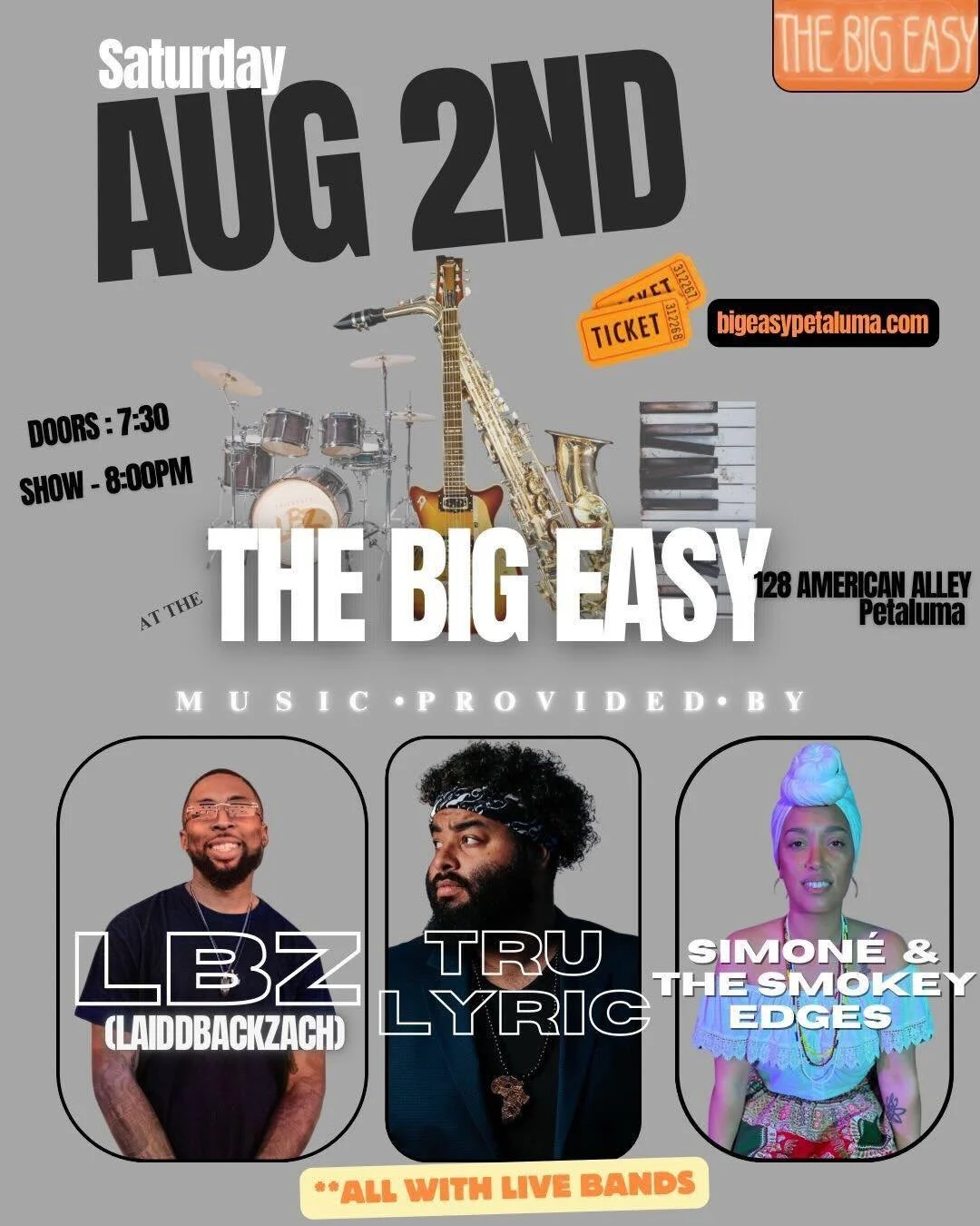 Upcoming show this Saturday featuring some very talented Rivertown Revival alumni. Check out @lbzmuzik, @trulyricofficial, and @theartofsimone at @bigeasypetaluma this Saturday! 🤩 

#petaluma #LiveMusic #sonomacounty #CommunityLove #GoodTimes
