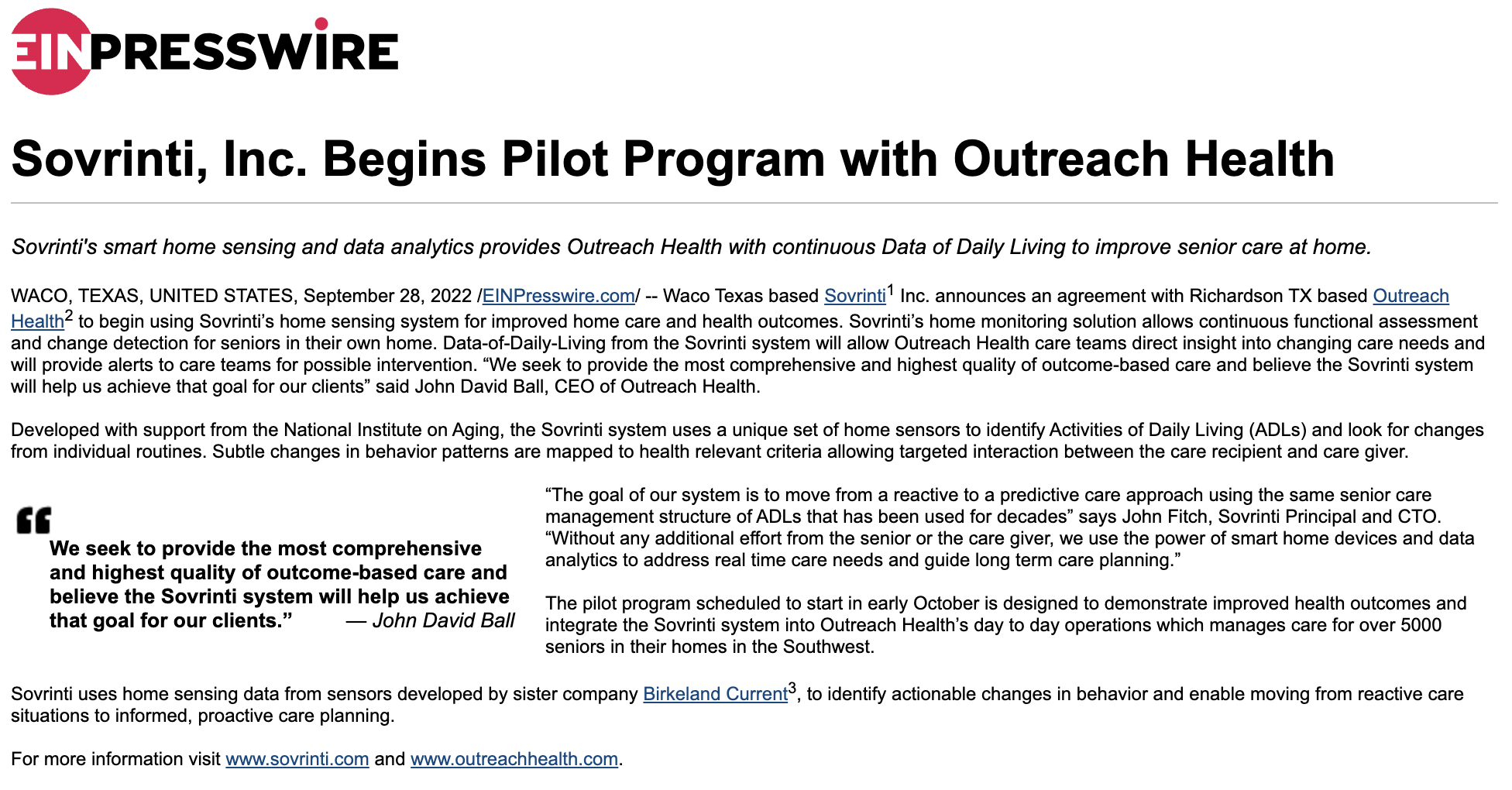 Sovrinti, Inc. Begins Pilot Program with Outreach Health