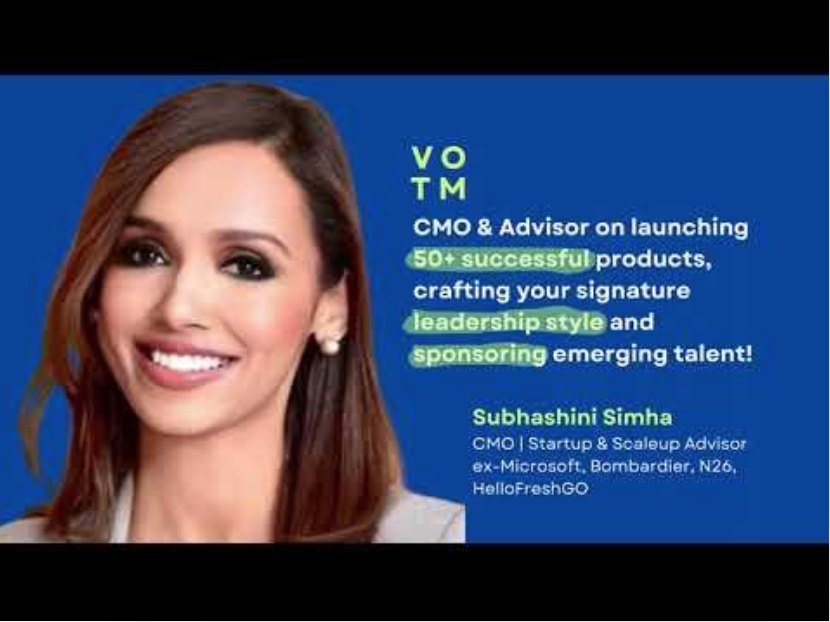 A professional woman with shoulder-length brown hair smiling against a blue background. Accompanying text introduces her as Subhashini Simha, CMO and startup advisor, highlighting her experience with successful products and leadership.