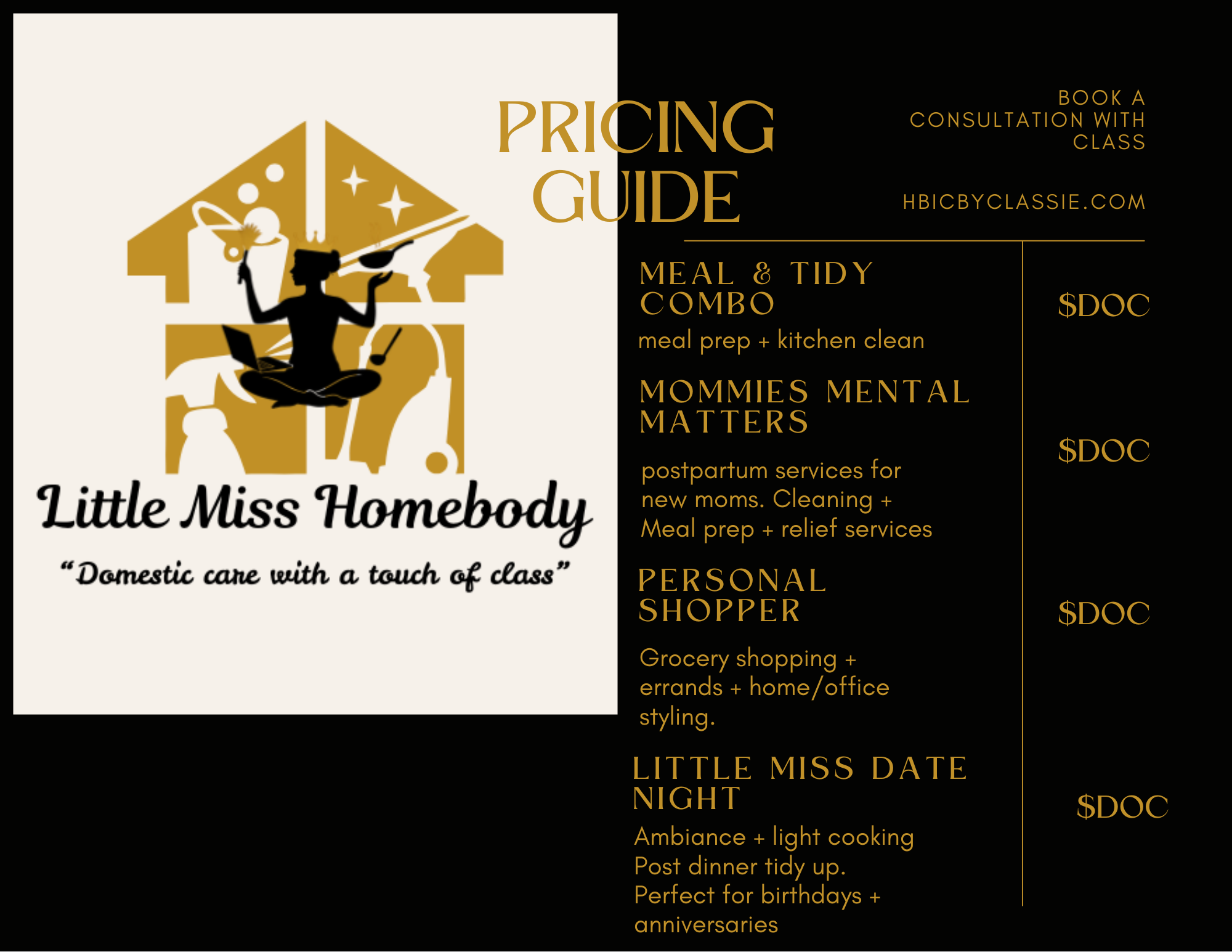 Pricing guide from Little Miss Homebody advertising home caregiving services, including meal preparation, postpartum care, grocery shopping, and date nights, with a logo of a woman in a meditative pose surrounded by household tools and a cat.