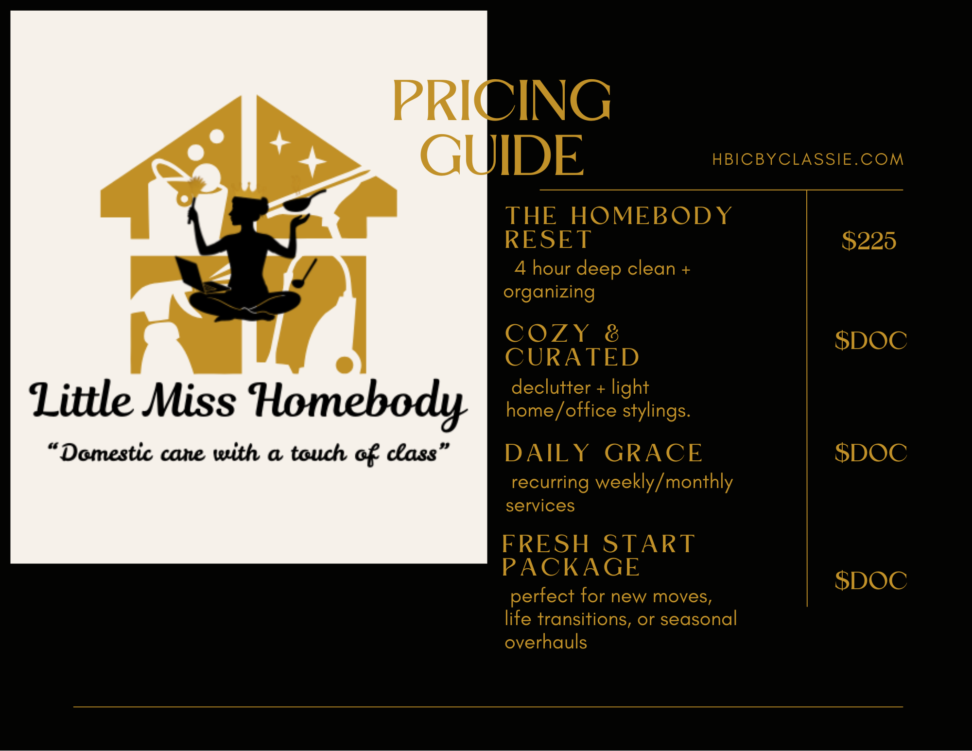 A pricing guide for Little Miss Homebody, featuring a gold and black design with an illustration of a woman surrounded by home and self-care items. The guide lists services with prices, including The Homebody Reset, Cozy & Curated, Daily Grace, and Fresh Start Package.