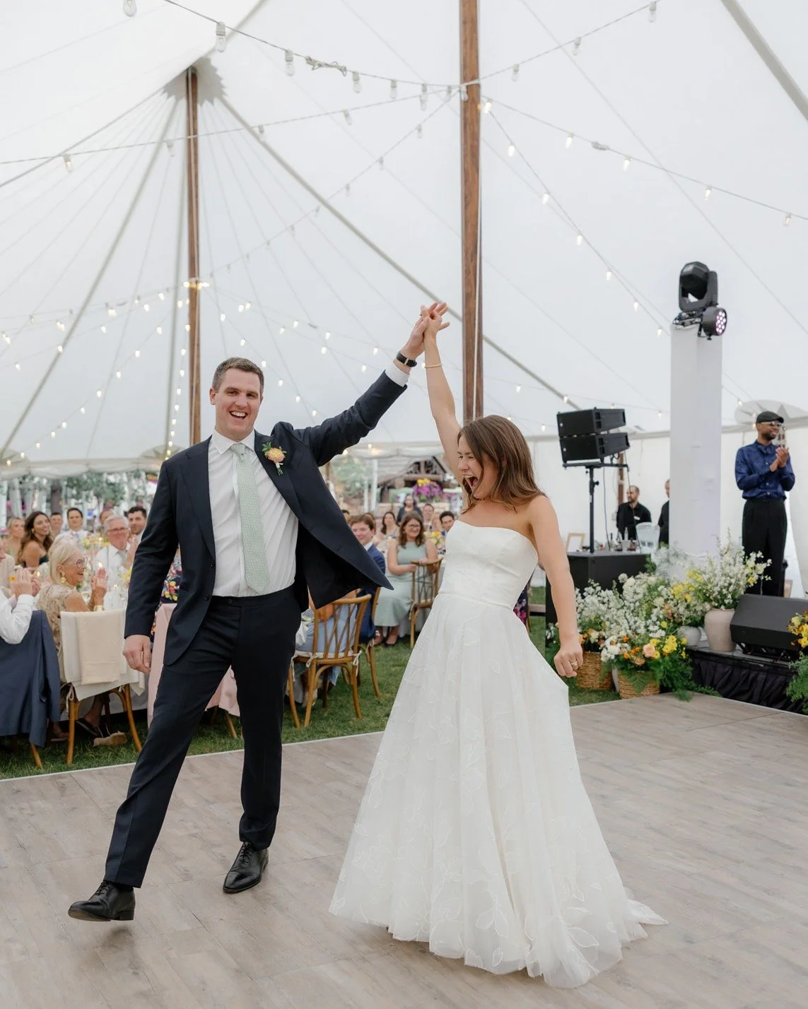 That feeling when you're having the most perfect day with the most perfect partner. Congrats to the newlyweds! ❤️ 🎉

Pictured: 44&rsquo; x 103&rsquo; Sailcloth Tent, Caf&eacute; Lighting, Distressed Oak Dance Floor

Tent &amp; Rentals: @premier_part