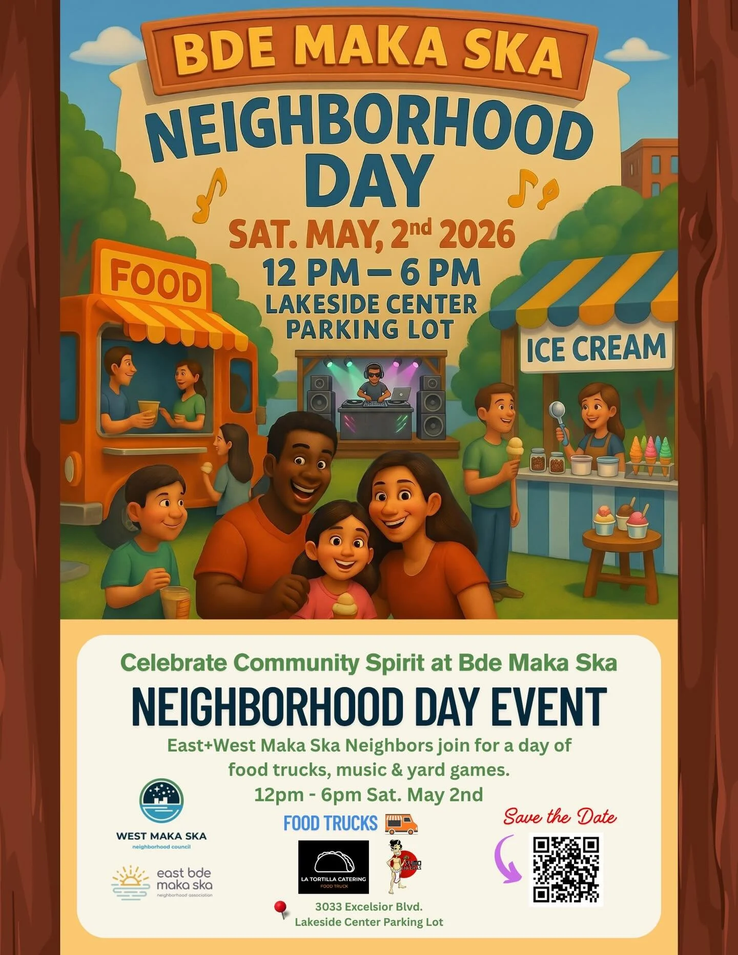 Join us for the 2026 Bde Maka Ska Neighborhood Day! 
On May 2 from noon to 6 pm at the Lakeside Center Parking Lot! 
There will be food trucks, yard games, music, and community!