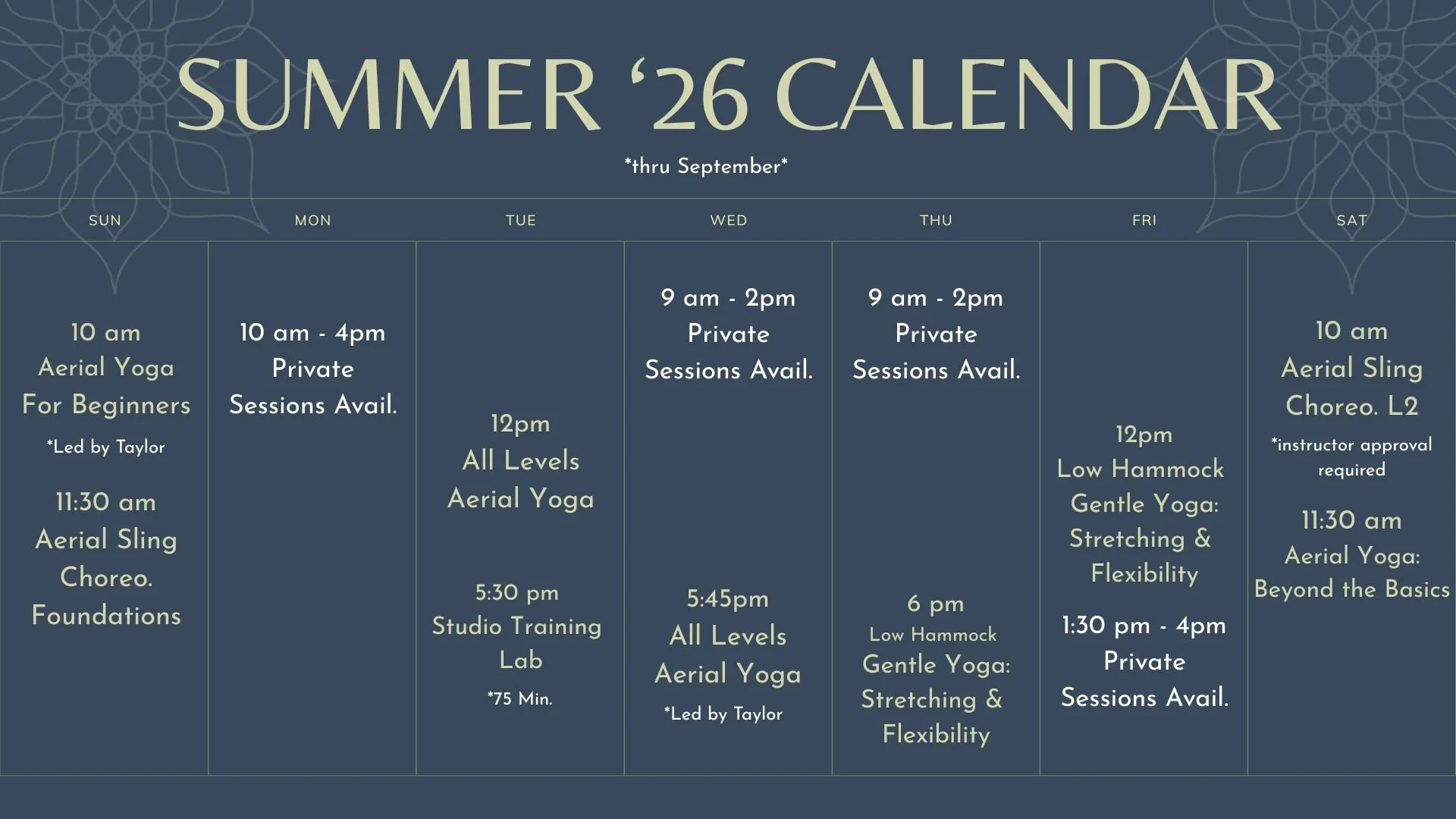 A digital summer calendar for 2026 showing scheduled aerial yoga classes from June to September, with details on class types, times, and instructors.