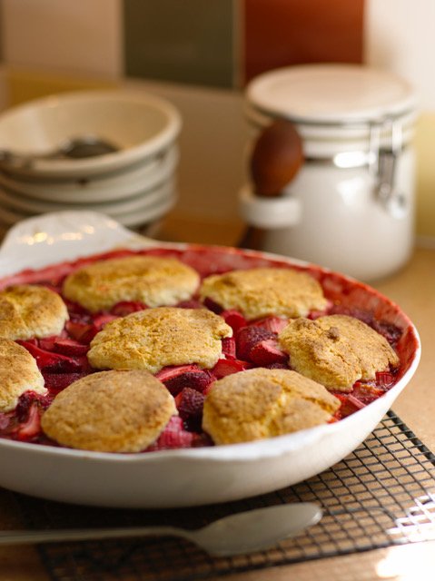 Strawberry-Rhubarb Cobbler with Cornmeal Topping