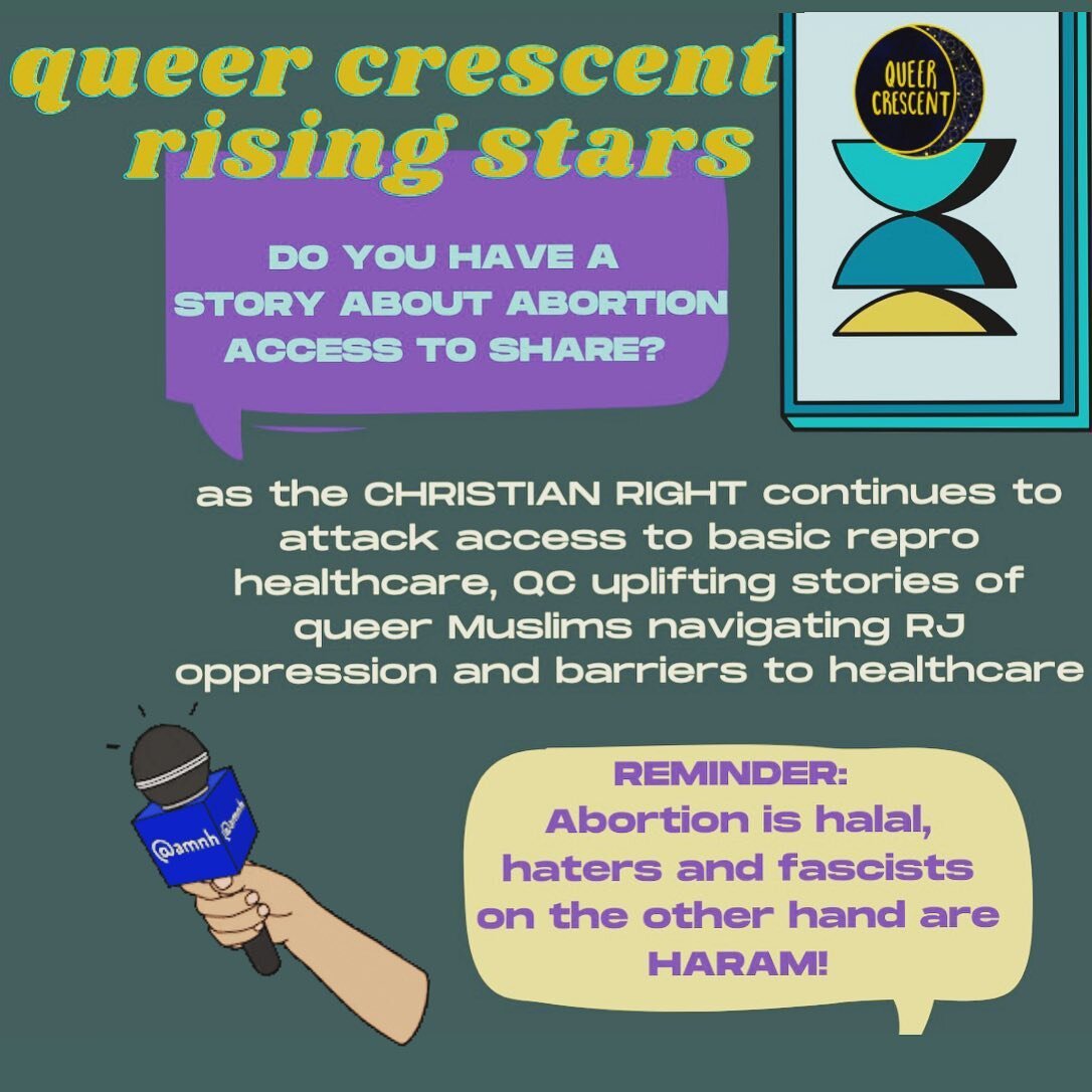 📢 Lets embody body autonomy and take up space by telling ABORTION STORIES! Muslim stories on abortion are needed to debunk false and islamophobic narratives that threaten our right to healthcare. 

Join us in telling stories that lift up all the way