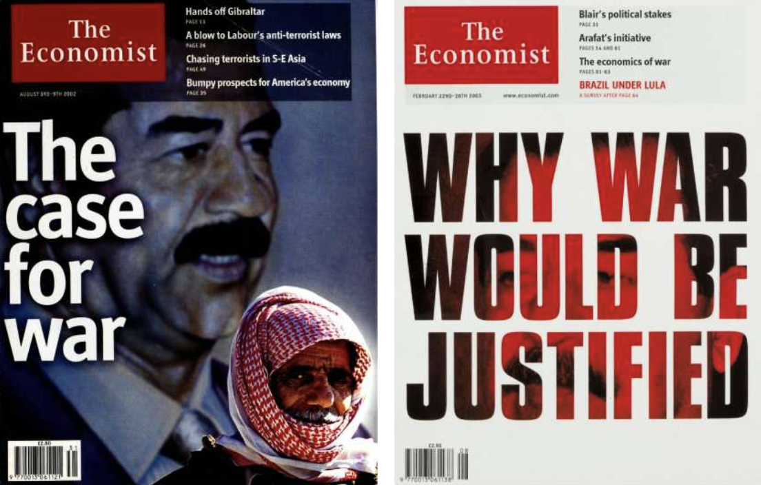 The front cover of two editions of The Economist in 2002 and 2003