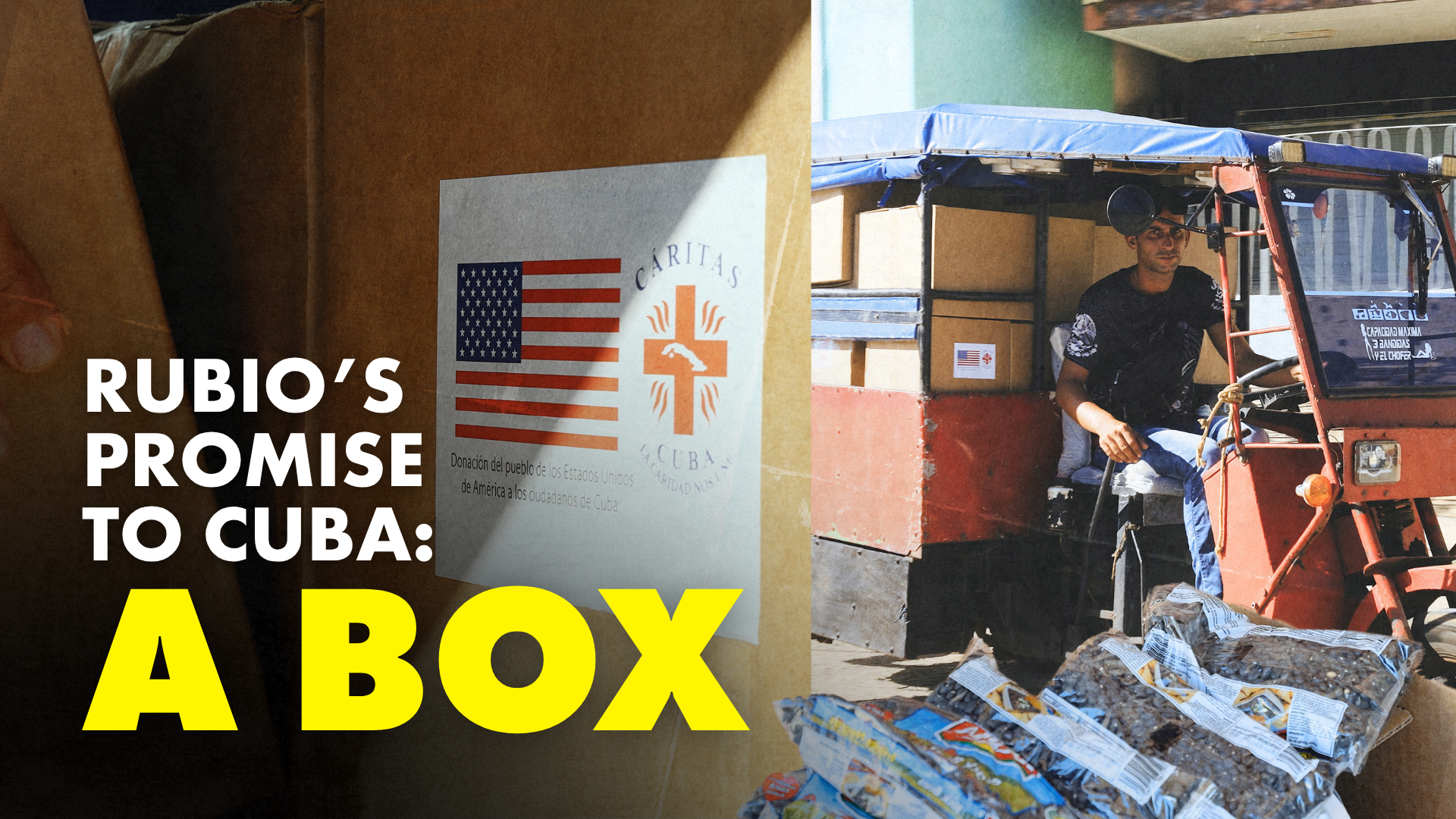 Boxes of U.S. humanitarian aid distributed through Cáritas Cuba are transported in Bejucal, Cuba. Cover text reads: “Rubio’s Promise to Cuba: A Box.”