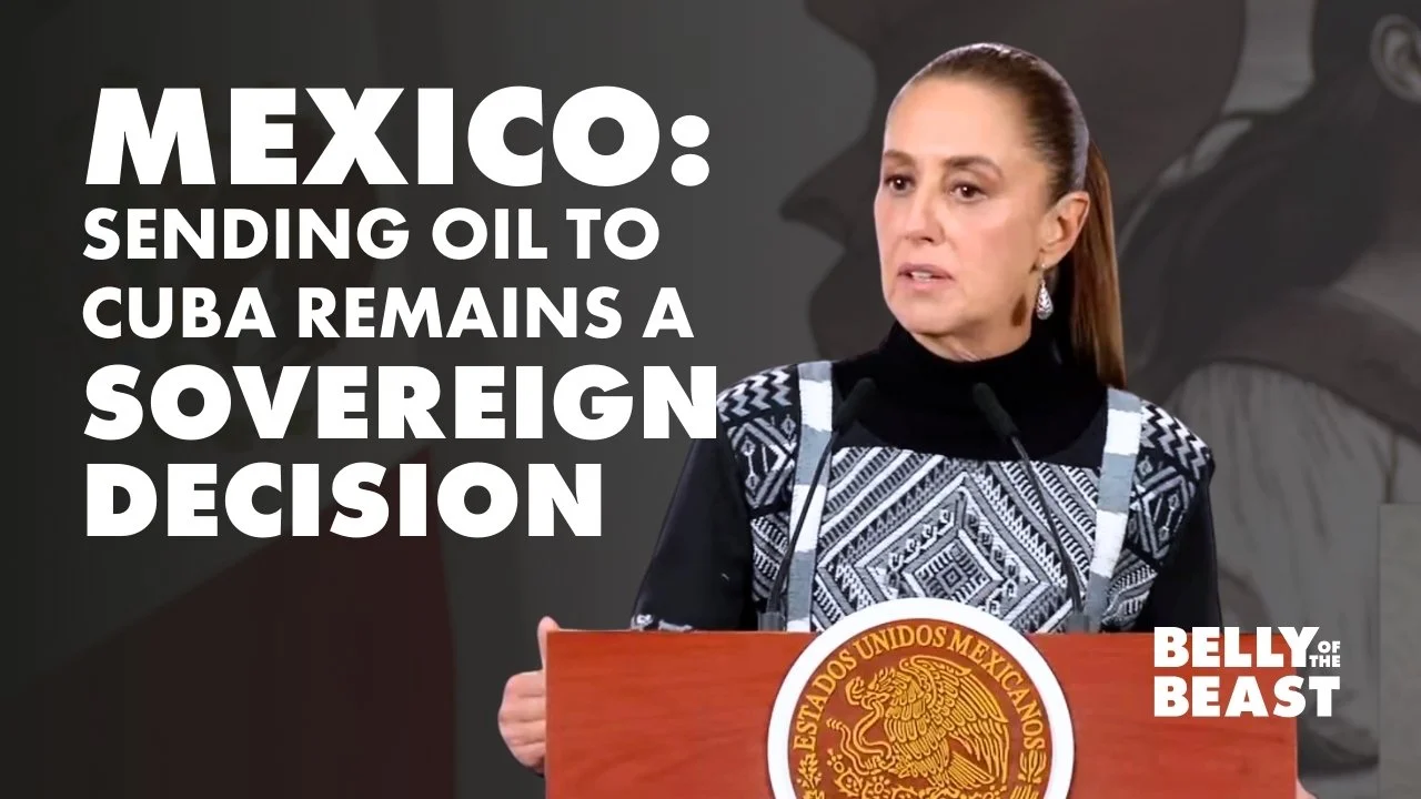 sheinbaum next to a text saying: Mexico: Sending oil to Cuba remains a sovereign decision