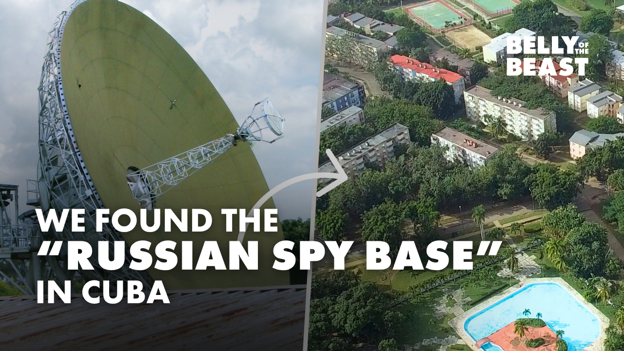 Belly of the Beast thumbnail investigating claims of a Russian spy base in Lourdes, Cuba, with a satellite dish and aerial image of the supposed site.