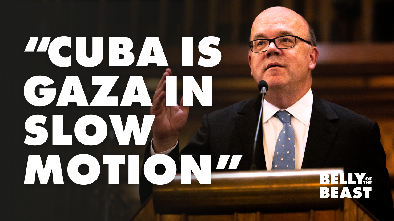 Thumbnail featuring U.S. Representative Jim McGovern speaking on the House floor with the text “Cuba Is Gaza in Slow Motion” and the Belly of the Beast logo.