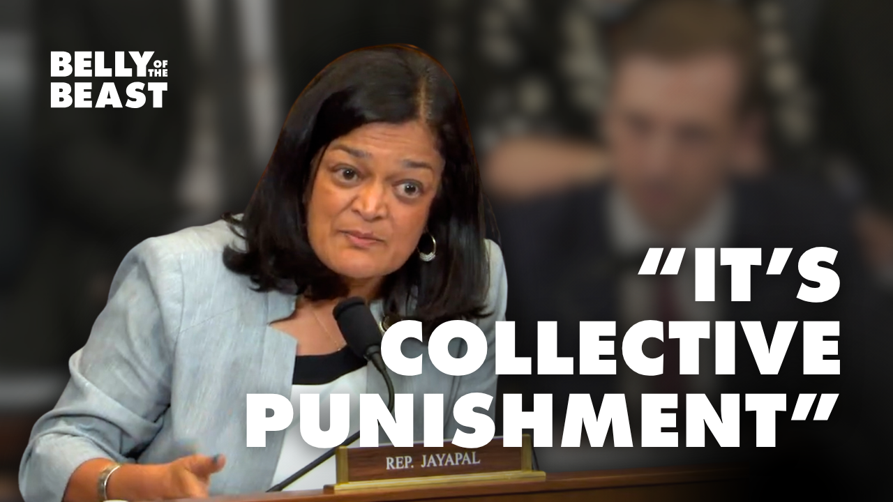 Thumbnail featuring U.S. Representative Pramila Jayapal speaking during a congressional hearing with the text “It’s Collective Punishment” and the Belly of the Beast logo.