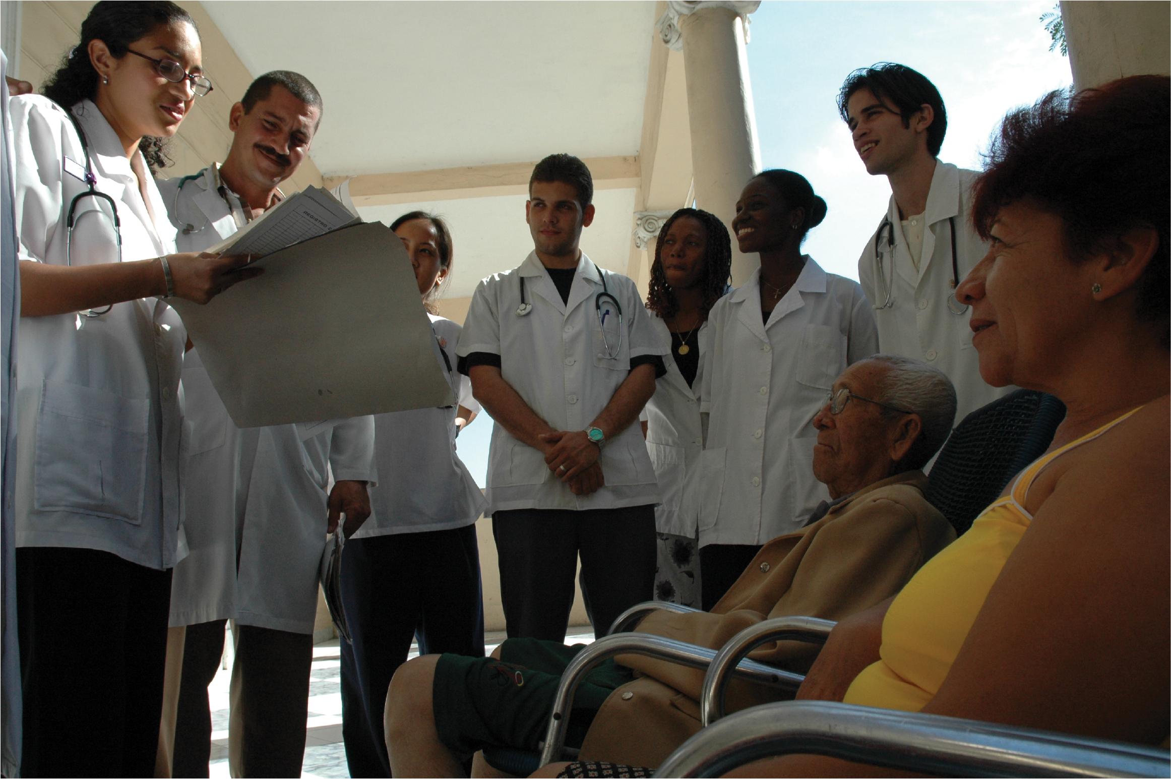 ELAM students begin rotations in their third year of study to gain in-service learning and provide staffing assistance; pictured are the first Cuba-trained U.S. students, class of 2007.