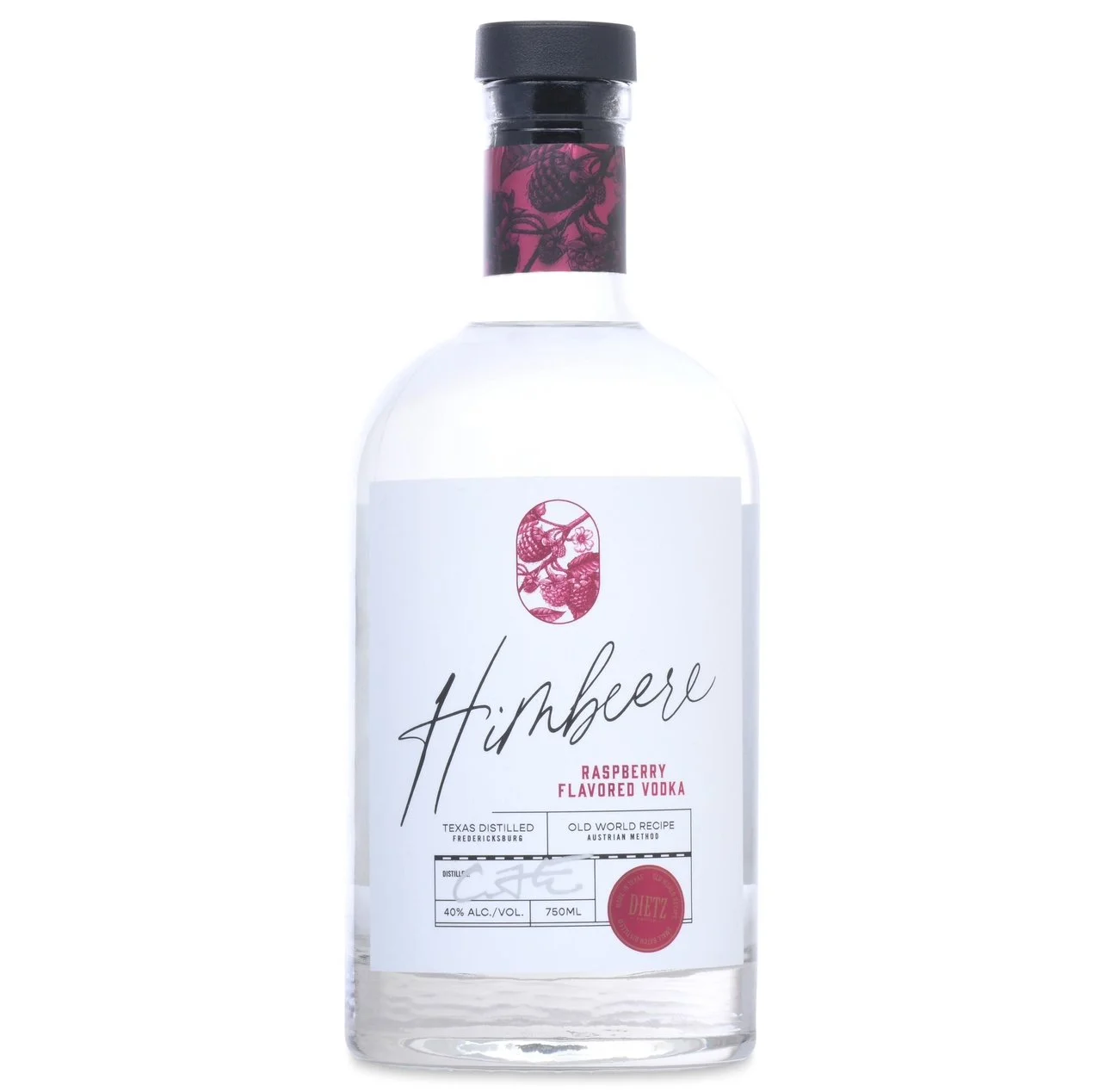 A clear bottle of raspberry flavored vodka with a white label, black and pink accents, and a black cap, featuring text and raspberry illustrations.