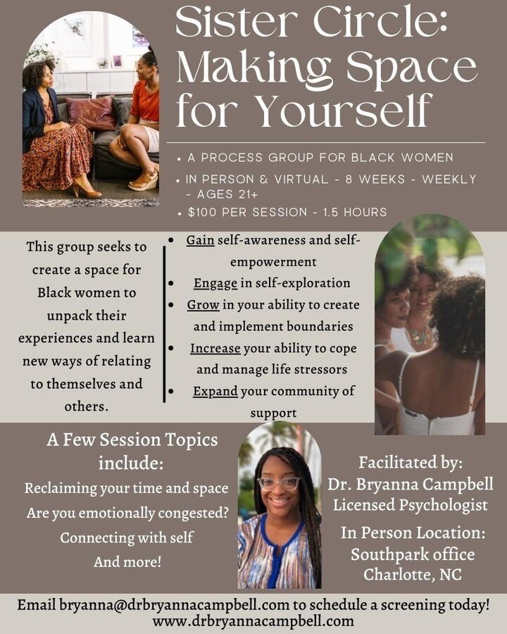 It is time again! I will be facilitating this wonderful group for Black women starting in January 2023!

This group will be offered both in person and virtually and will meet weekly each week for 8 weeks (accommodating for holidays). Start date and t