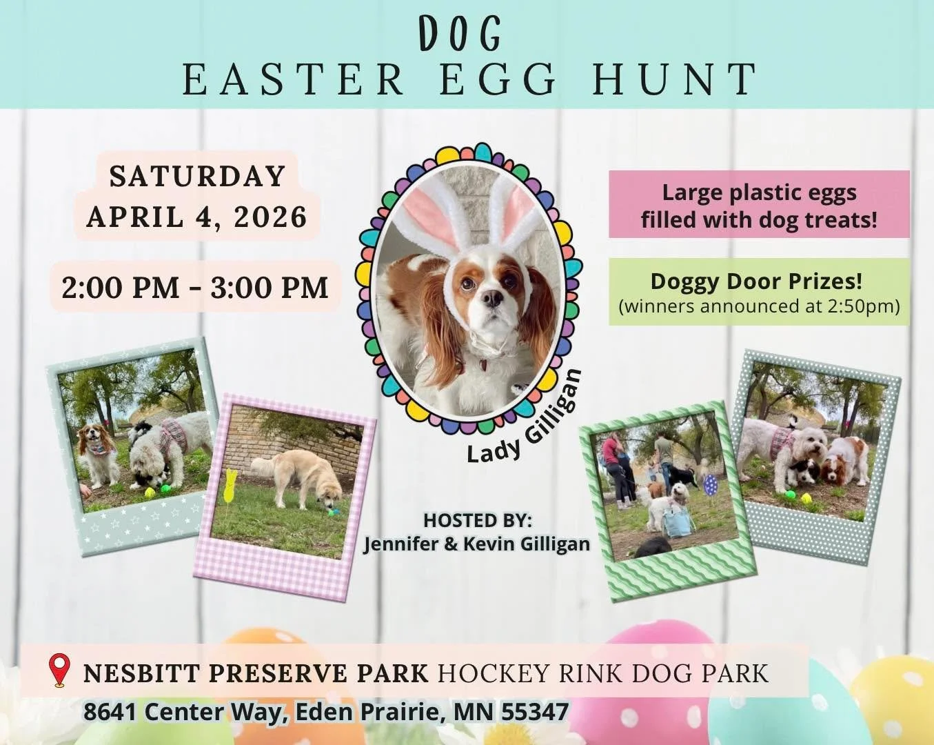 📣 DOG EASTER EGG HUNT! 🐰🐶🥚

Join us for a fun afternoon with your pups on Saturday, April 4 from 2:00&ndash;3:00pm at the Nesbitt Preserve Dog Park!

🐾 The hockey rink is an enclosed off-leash dog park from April&ndash;October

What to expect ✨
