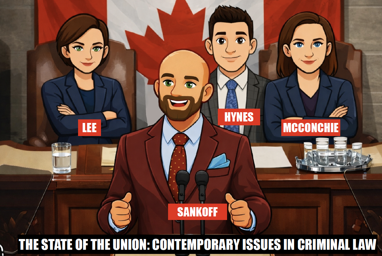 Cartoon of four lawyers enthusiastic about law talk