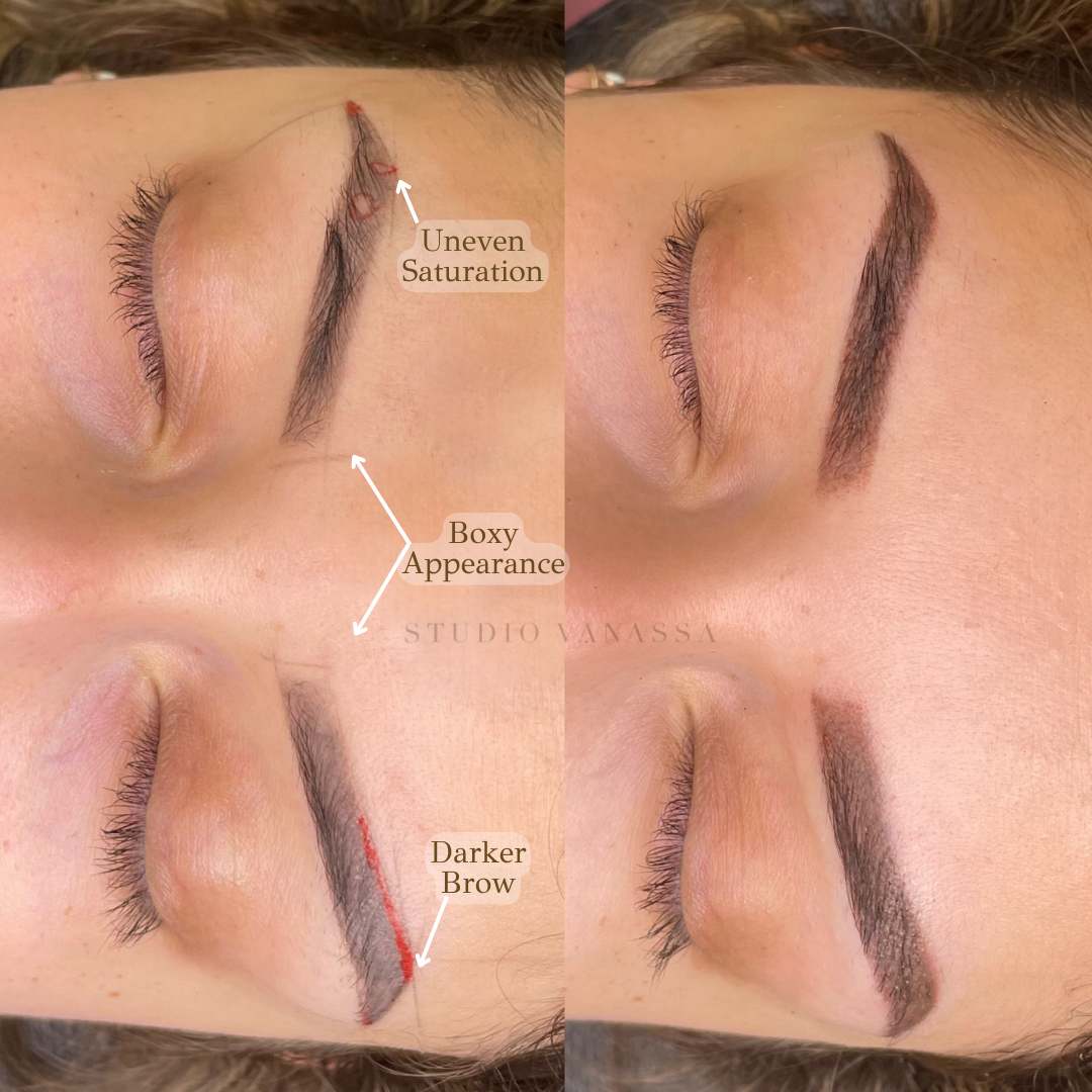 Before and after of brow correction with arrows pointing to mistakes that were fixed