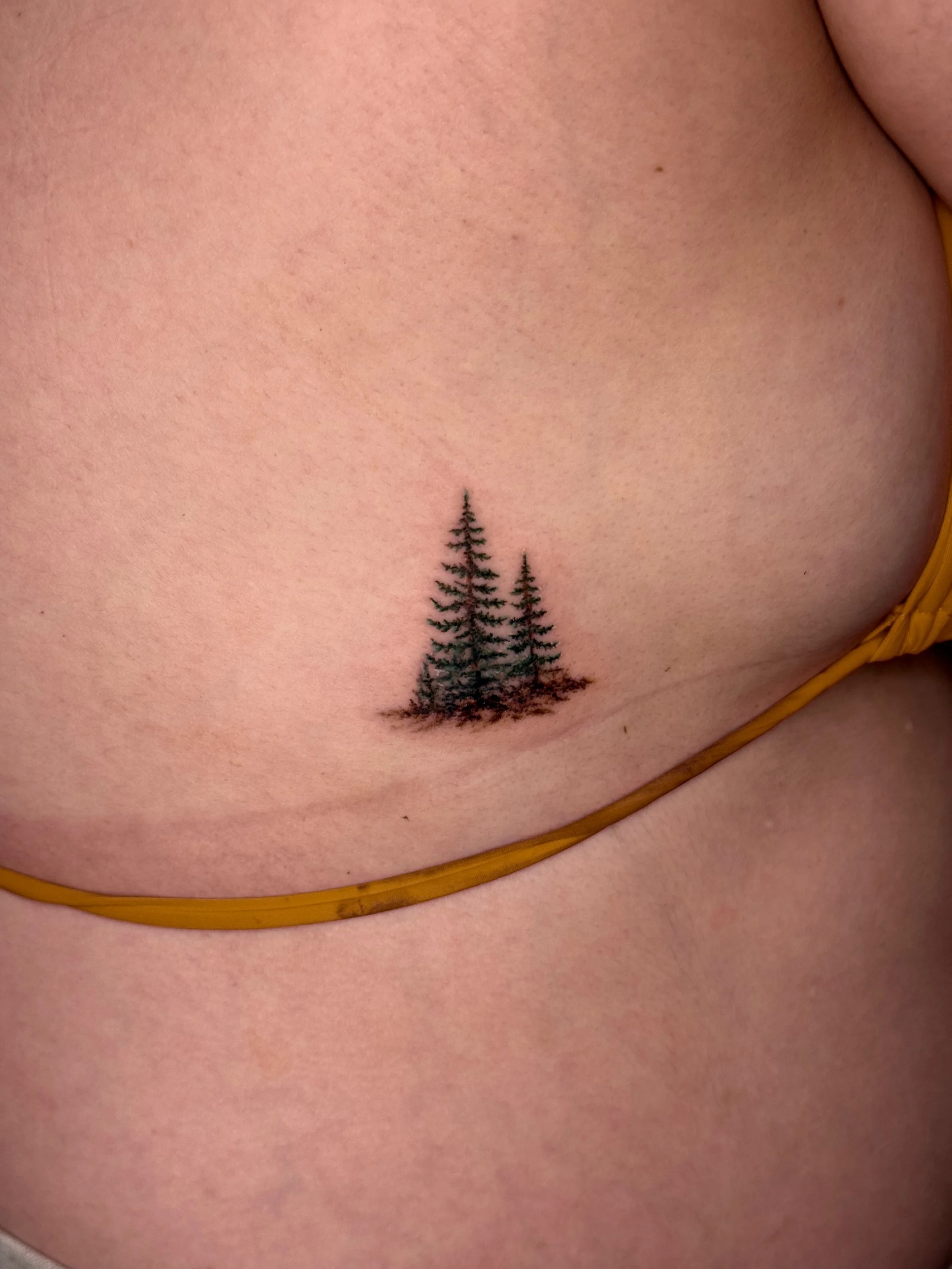 Close-up of a person's side with a small tattoo of three evergreen trees.