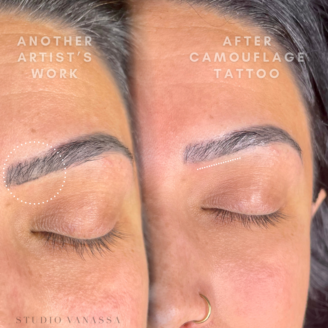 Side-by-side comparison of client's brows before and after brow correction