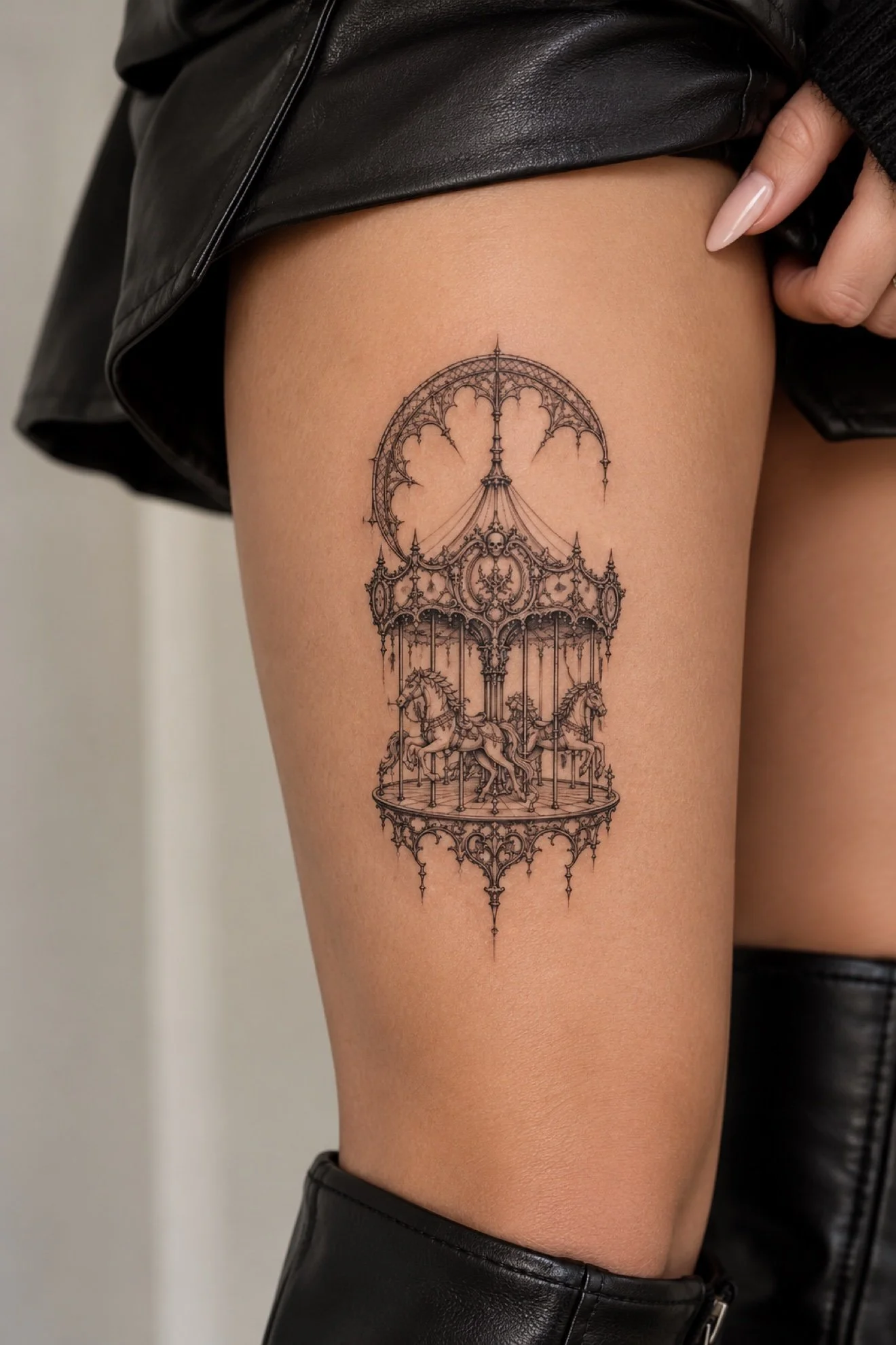 Gothic carousel tattoo with horses on thigh at Studio Vanassa in Edmonton