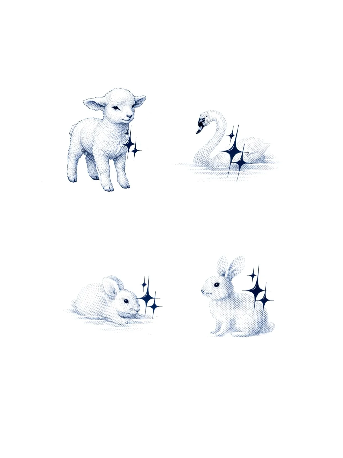 Baby animal flash tattoo designs with lamb, swan, and rabbits at Studio Vanassa in Edmonton