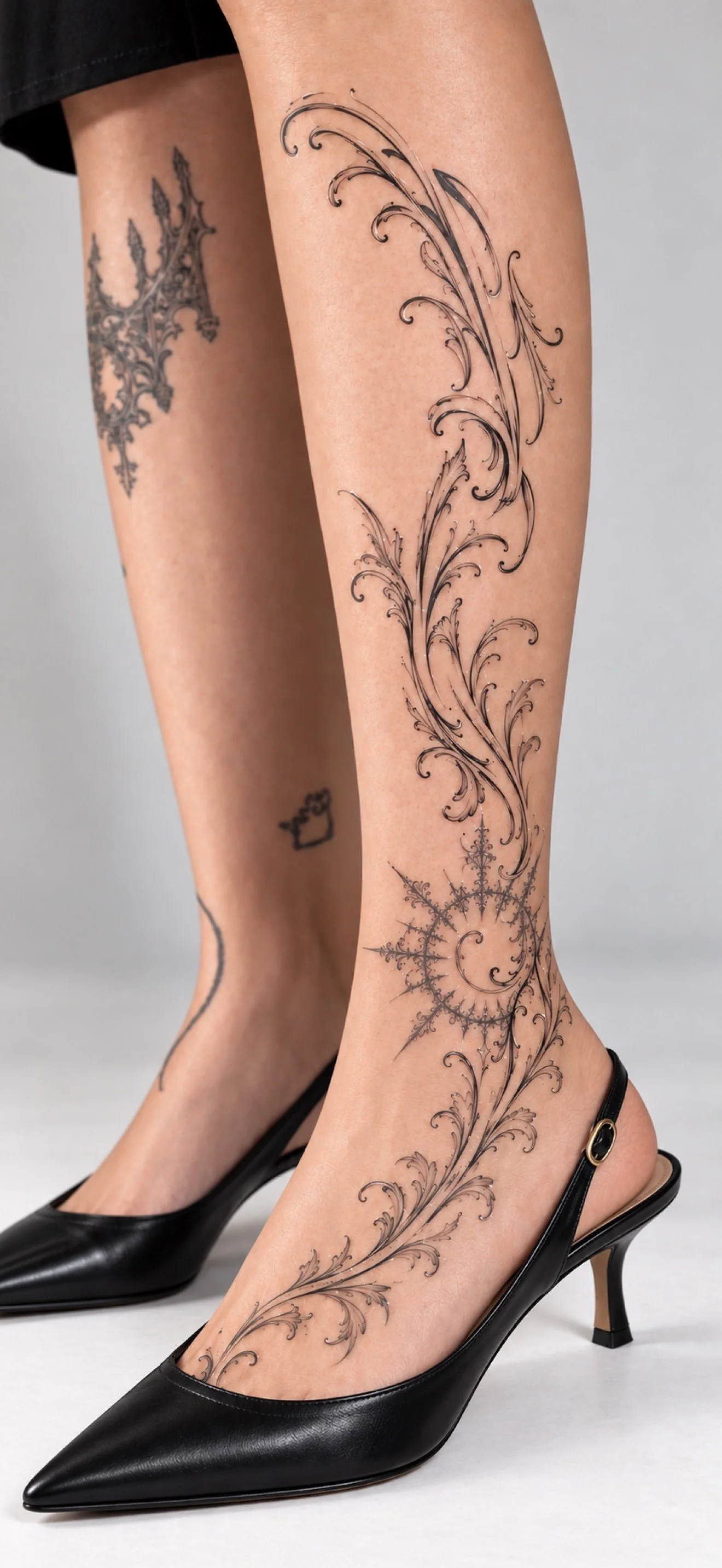 Ornamental filigree leg tattoo from ankle to knee at Studio Vanassa in Edmonton