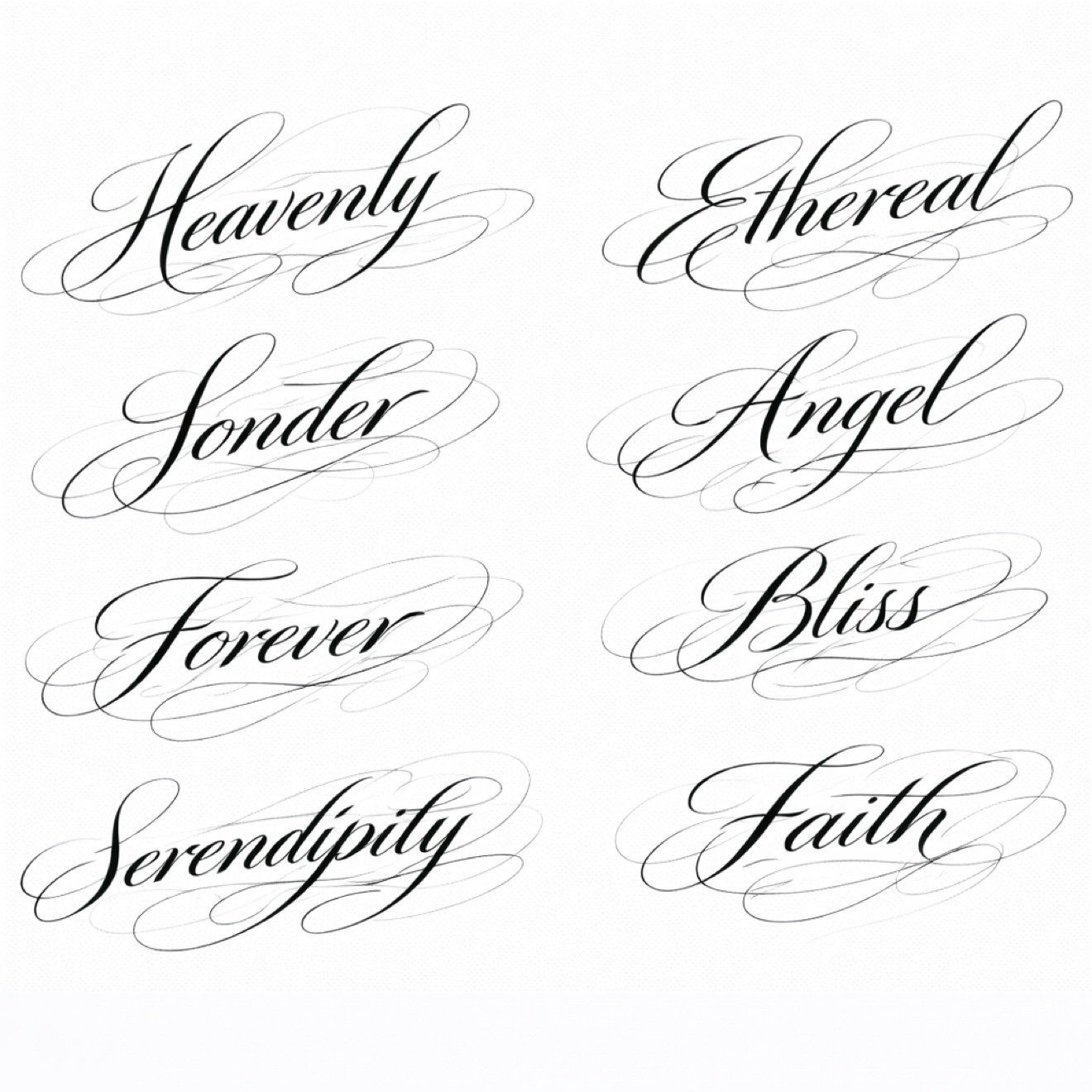 Script word flash tattoo designs in black calligraphy at Studio Vanassa in Edmonton