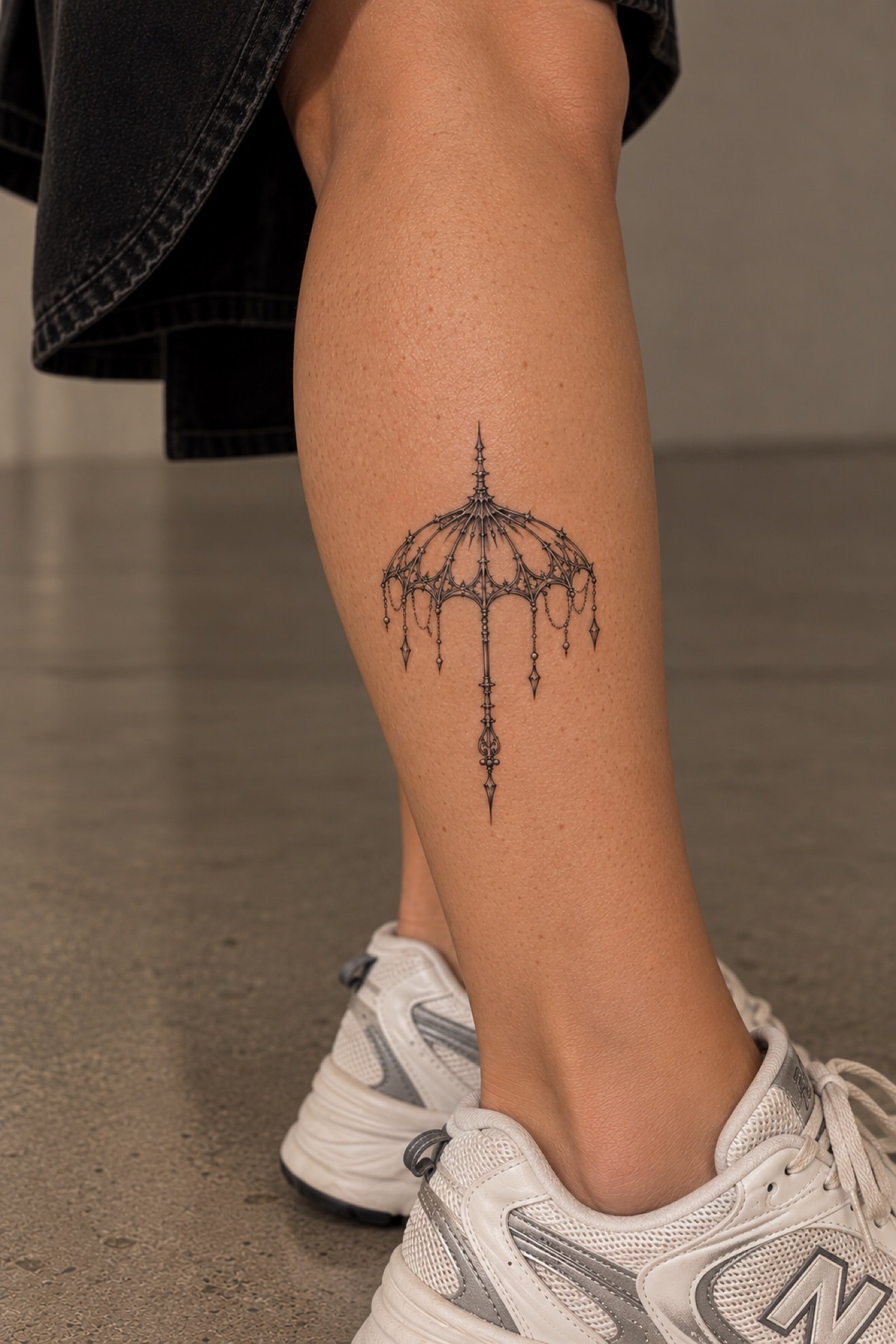 Gothic umbrella tattoo on calf at Studio Vanassa in Edmonton