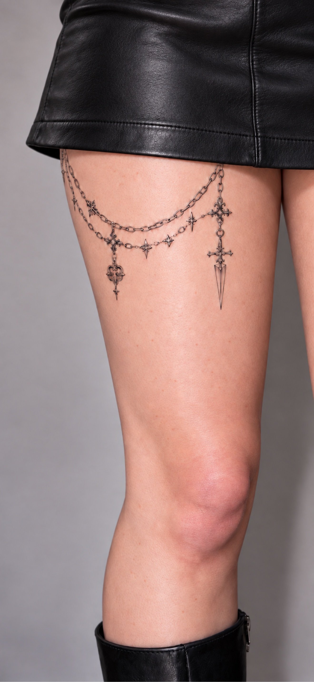 Chain garter tattoo detail with cross and dagger on thigh at Studio Vanassa in Edmonton