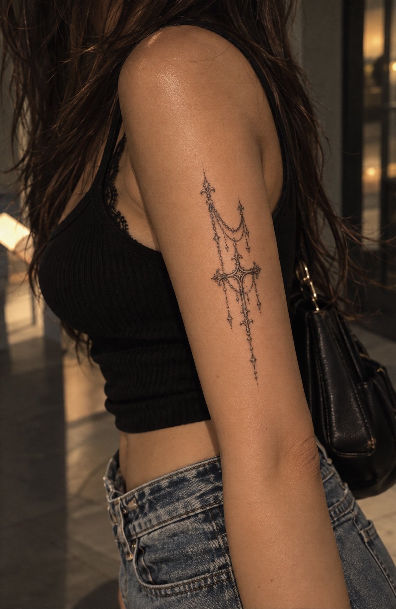 Fine line ornamental cross tattoo on upper arm at Studio Vanassa in Edmonton
