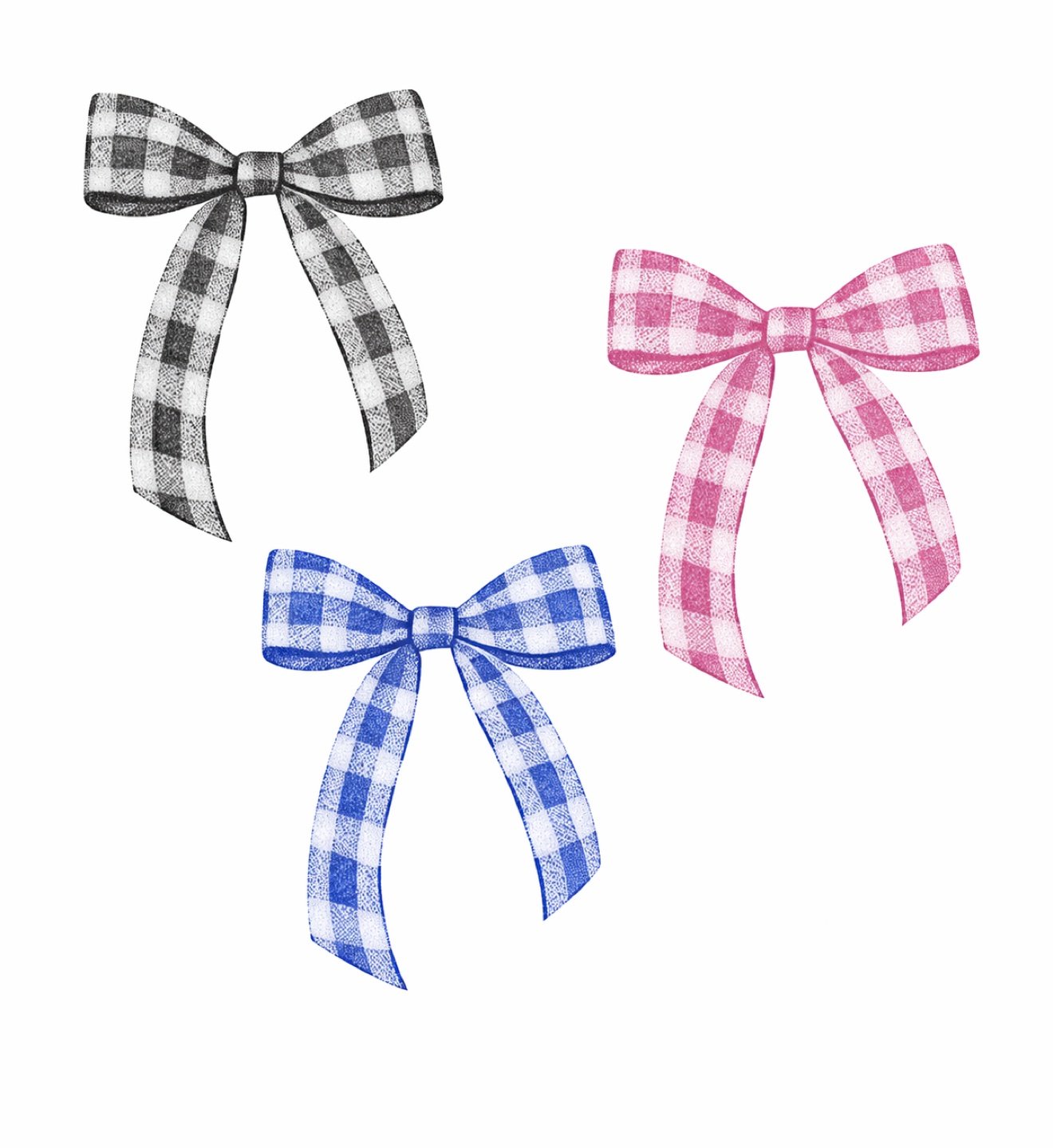 Gingham bow flash tattoo designs in black, pink, and blue at Studio Vanassa in Edmonton