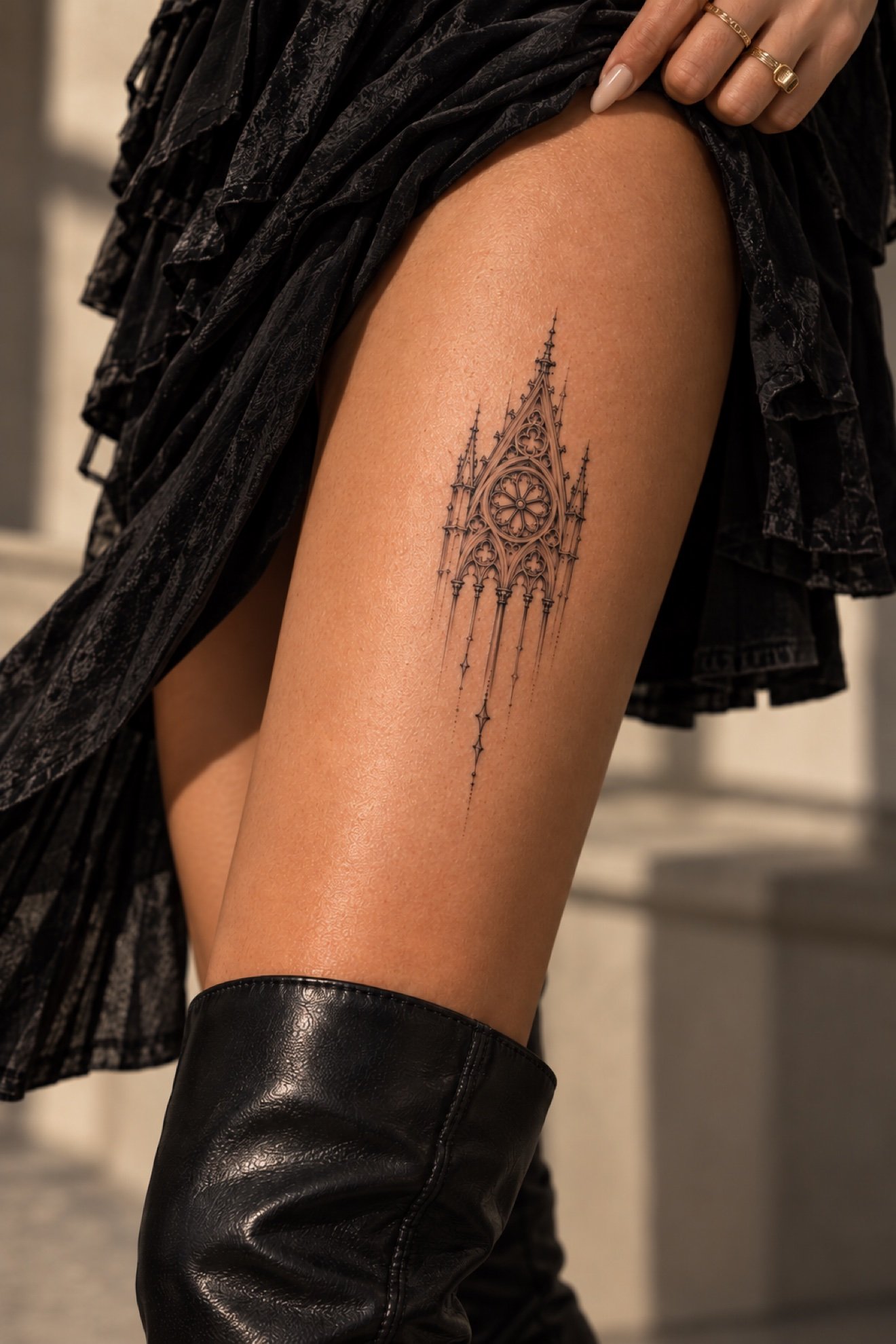 Gothic cathedral window tattoo on thigh at Studio Vanassa in Edmonton