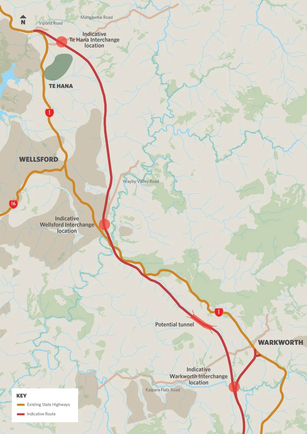 A map showing the Warkworth to Te Hana highway route. The map shows an indicative new route in red which is much more gently curved than the existing state highway route in yellow, which follows curves of the landscape.