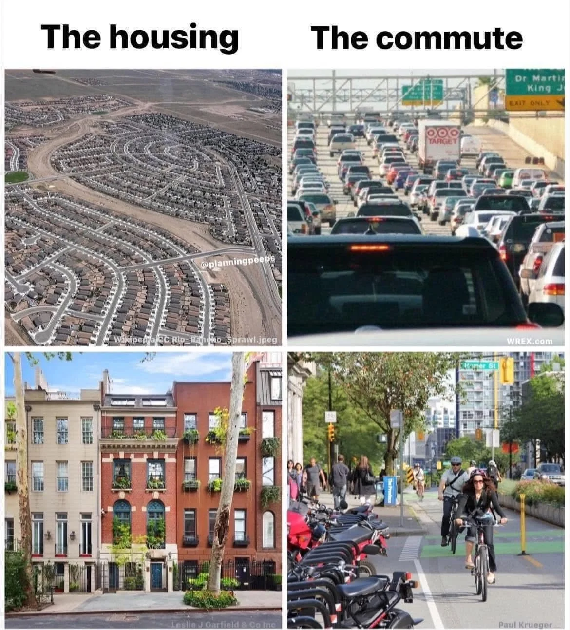An set of four images displaying "the housing" and "the commute". The first row shoes low-density suburban housing, followed by a large, congested road. The second row shows attractive medium-density apartment buildings, followed by people walking.