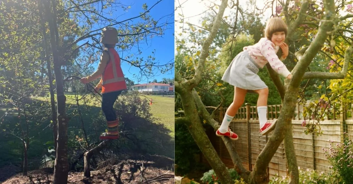 two photos of kids climbing trees