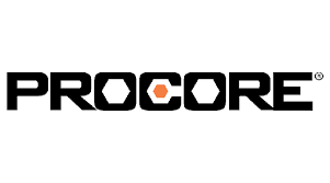 The Procore logo (Black all caps text that says PROCORE with an orange start in the middle of the C)