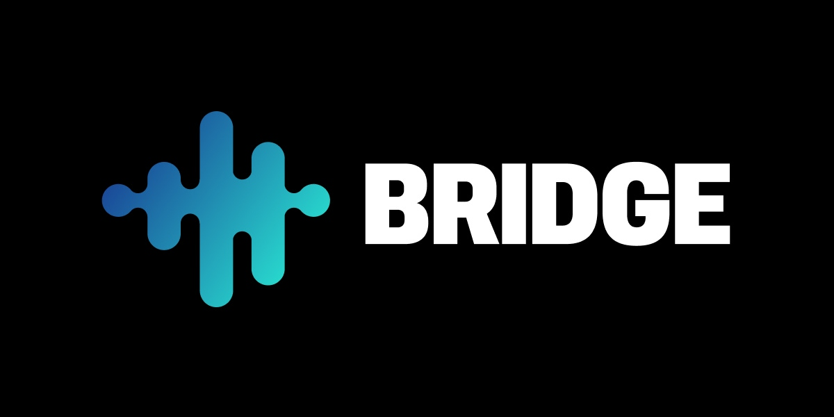 The BRIDGE logo: White text with black background and a design that looks like a waveforms in shades of blue