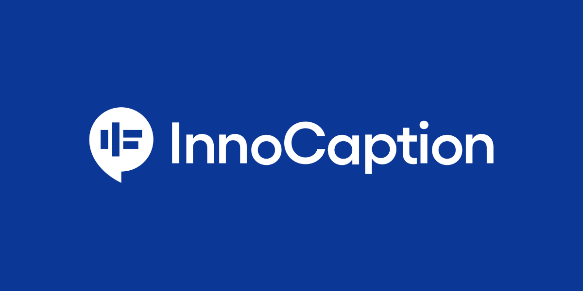 The InnoCaption logo: White text over a royal blue background with a speech bubble design