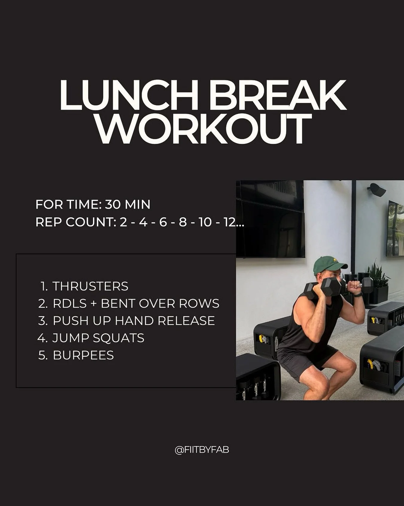 January = back to routine.
Not extremes. Not punishment.
Just moving your body and getting it done.

30 minutes.
Lunch break.
Full body burn.

Grab a set of dumbbells and you&rsquo;re set.
Save this. Show up. Repeat.

Give it a go and let me know how