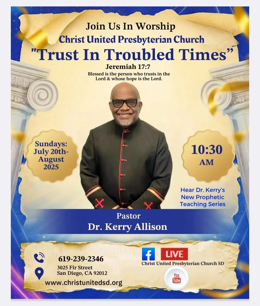 Tomorrow at @cupcsd in @southparksandiego is our final Sunday in Pastor @drkerrylee Summer Series, "Trust In Troubled Times" โช๏ธ๐๐พ
We invite you to join us for worship, Sunday at 10:30 AM, in person or on our YouTube page. All are always